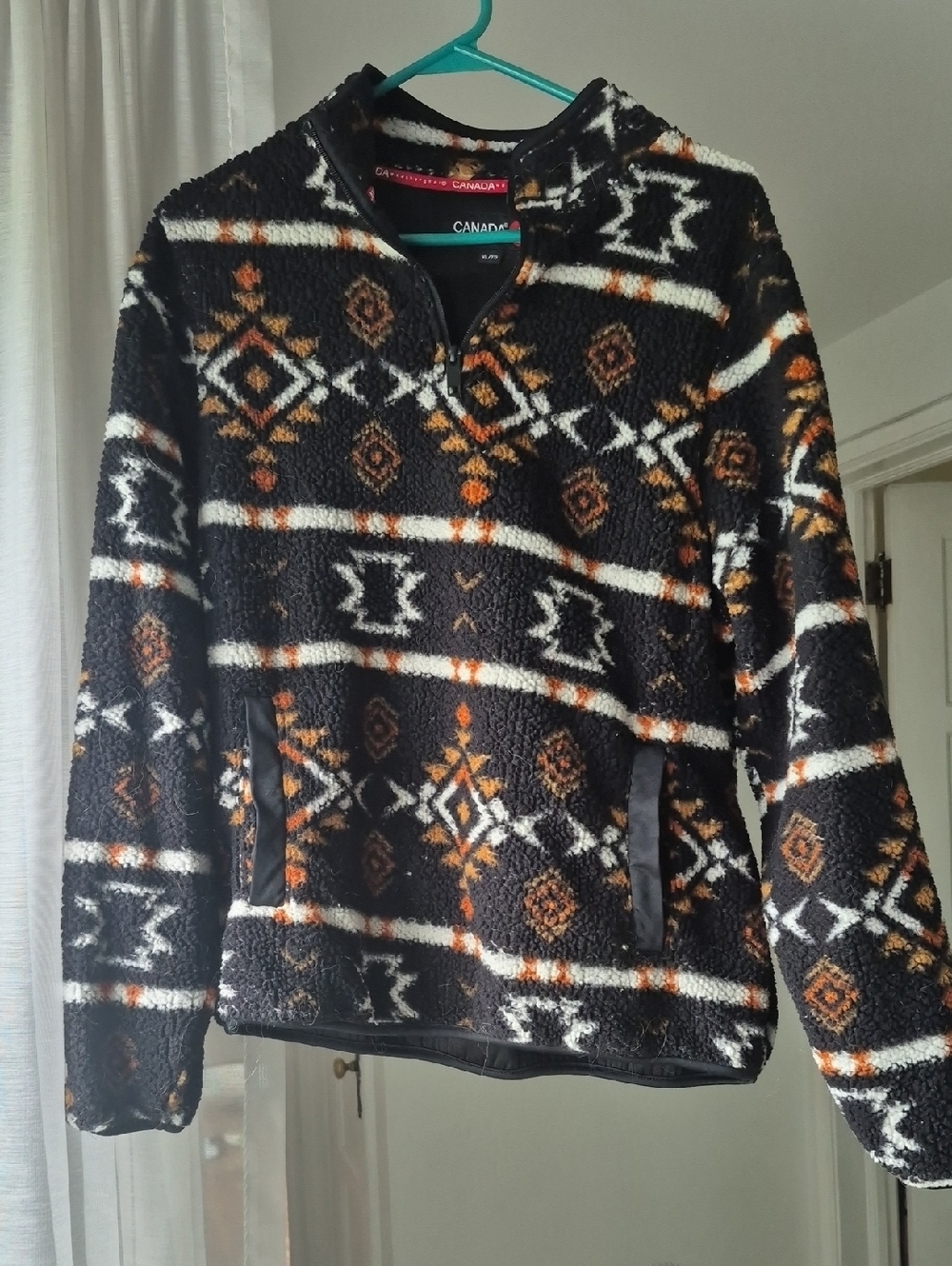 Fleece Half-Zip Pullover Sweater - Black with Orange & White Pattern